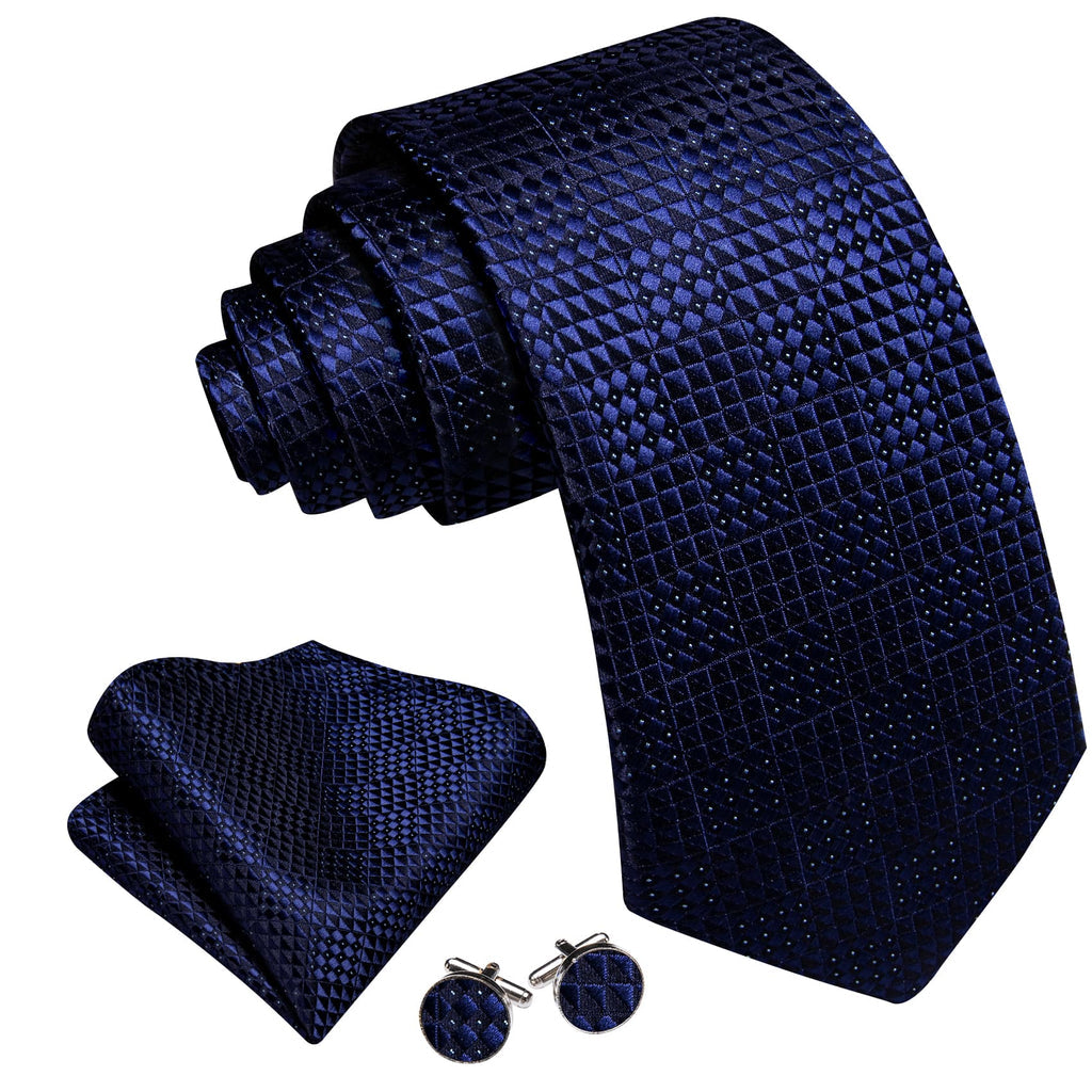 Navy Blue Geometric Jacquard Tie, Pocket Square, and Cufflinks Set tie sets    - Sophisticated Gentlemen