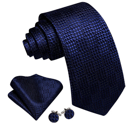 Navy Blue Geometric Jacquard Tie, Pocket Square, and Cufflinks Set tie sets    - Sophisticated Gentlemen