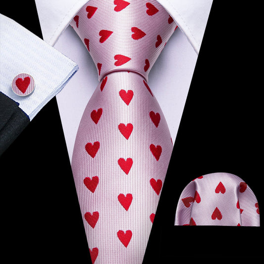 Pink and Red Heart Pattern Tie, Pocket Square, and Cufflinks Set tie sets    - Sophisticated Gentlemen
