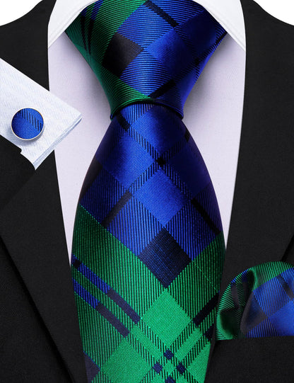 Green Blue Checkered Tie, Pocket Square and Cufflinks Set tie sets    - Sophisticated Gentlemen