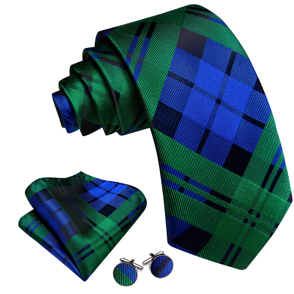 Green Blue Checkered Tie, Pocket Square and Cufflinks Set tie sets    - Sophisticated Gentlemen