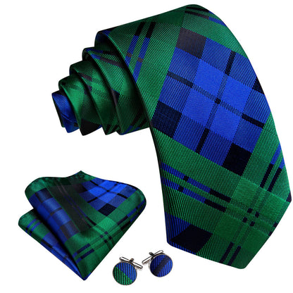 Green Blue Checkered Tie, Pocket Square and Cufflinks Set tie sets    - Sophisticated Gentlemen