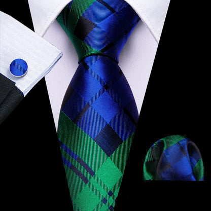 Green Blue Checkered Tie, Pocket Square and Cufflinks Set tie sets    - Sophisticated Gentlemen