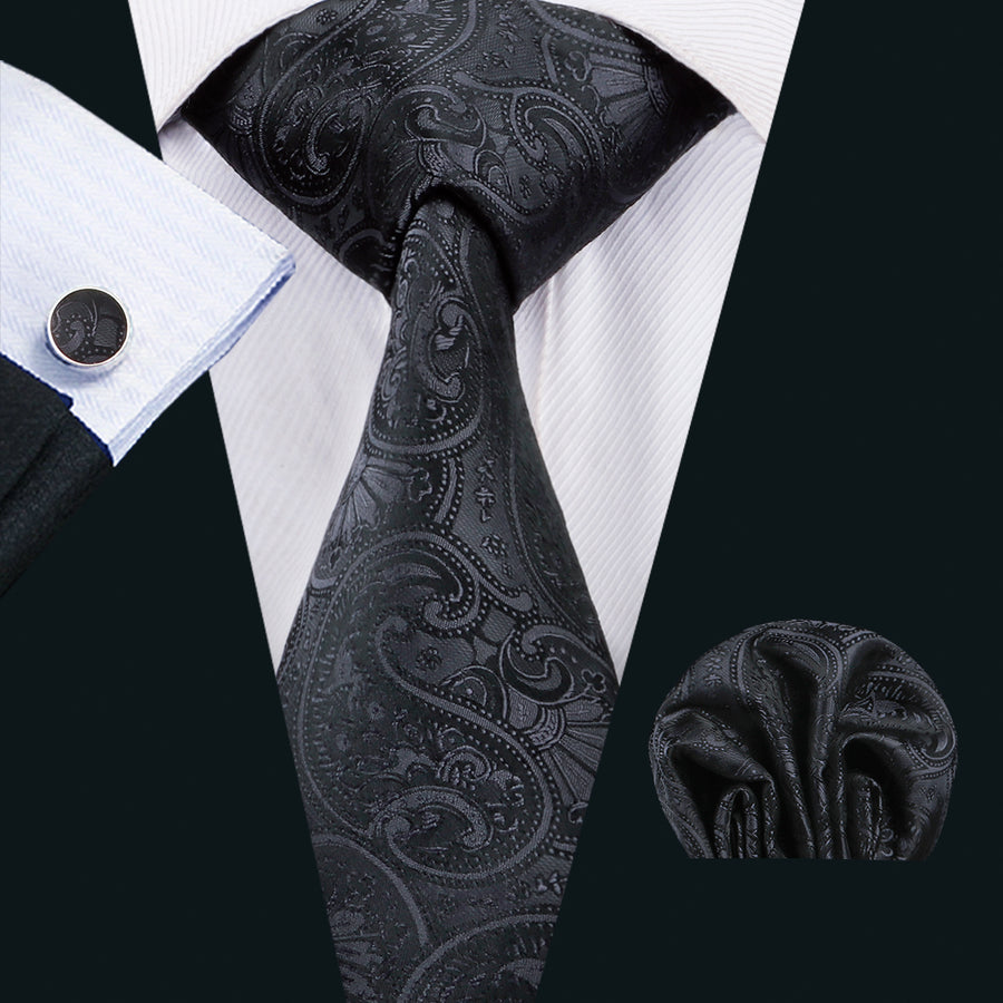 Classic Black Floral Silk XL Tie, Pocket Square and Cufflinks tie sets    - Sophisticated Gentlemen