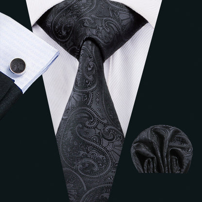 Classic Black Floral Silk XL Tie, Pocket Square and Cufflinks tie sets    - Sophisticated Gentlemen