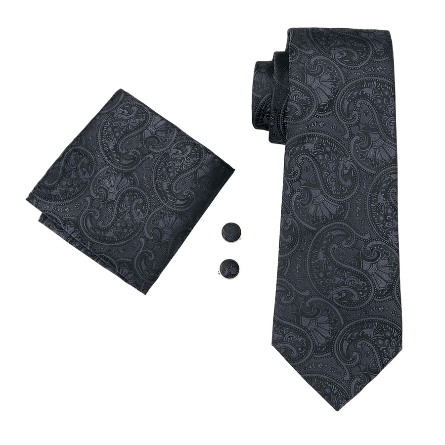 Classic Black Floral Silk XL Tie, Pocket Square and Cufflinks tie sets    - Sophisticated Gentlemen