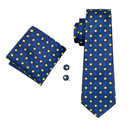Blue and Yellow Polka Dot XL Tie, Pocket Square and Cufflinks tie sets    - Sophisticated Gentlemen