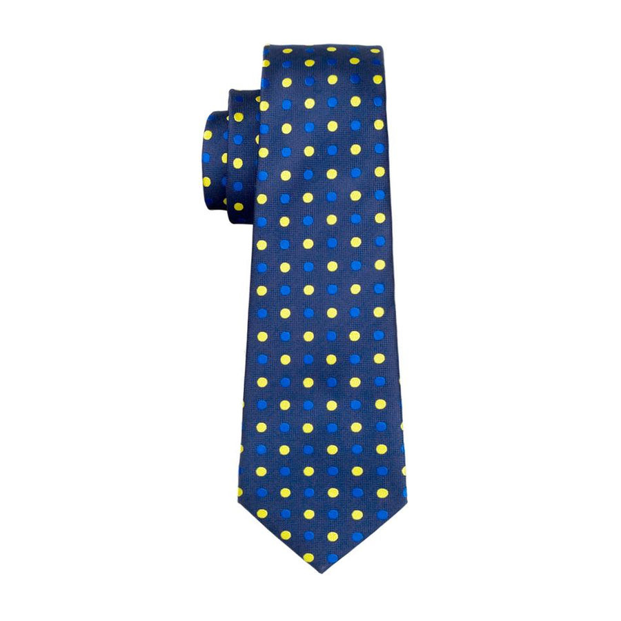 Blue and Yellow Polka Dot XL Tie, Pocket Square and Cufflinks tie sets    - Sophisticated Gentlemen