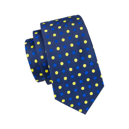 Blue and Yellow Polka Dot XL Tie, Pocket Square and Cufflinks tie sets    - Sophisticated Gentlemen