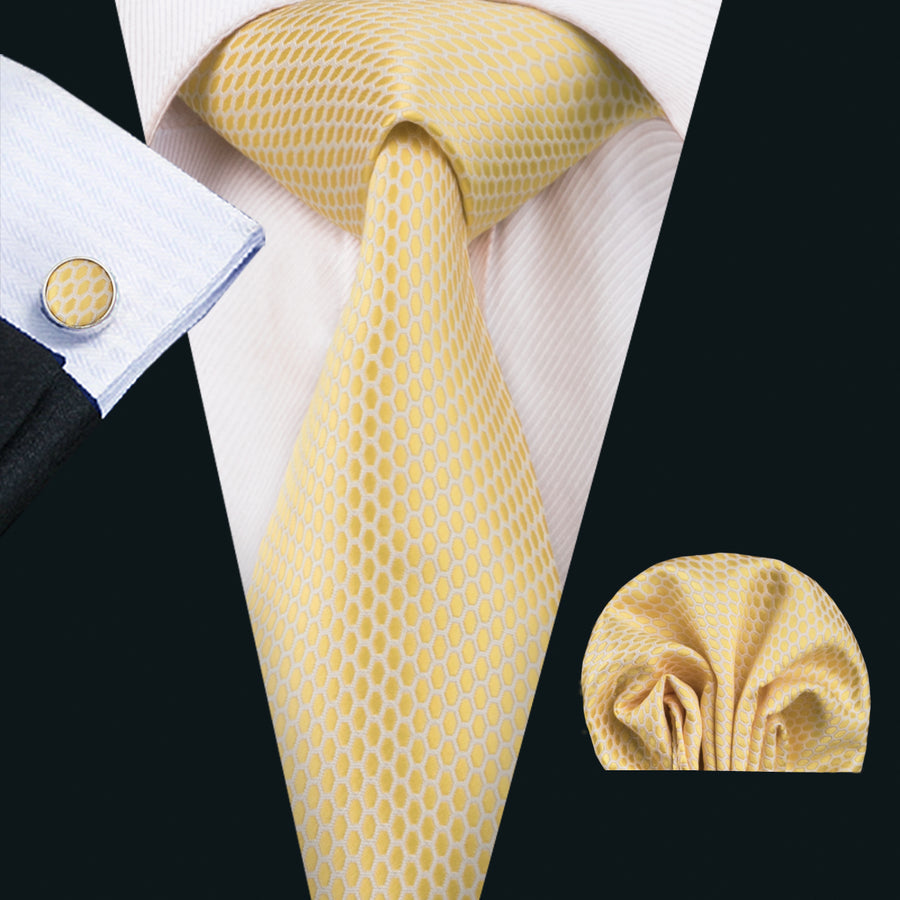 Yellow Plaid Silk XL Tie, Pocket Square and Cufflinks tie sets    - Sophisticated Gentlemen