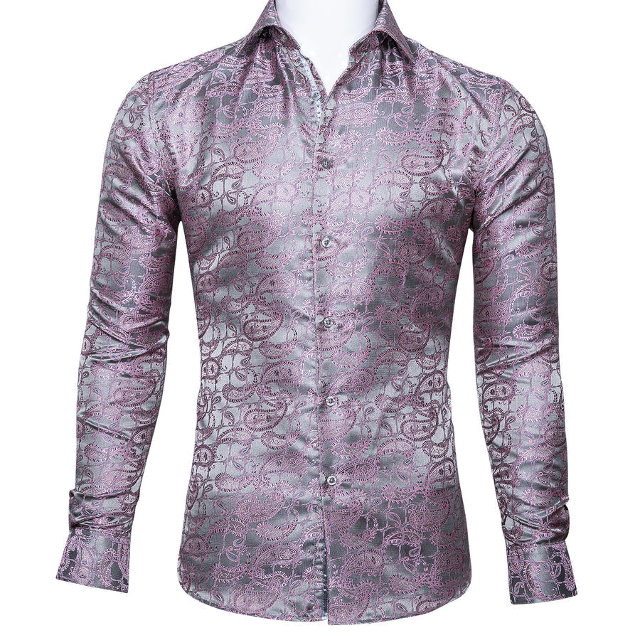Silver Pink Paisley Silk Dress Shirt shirt S   - Sophisticated Gentlemen