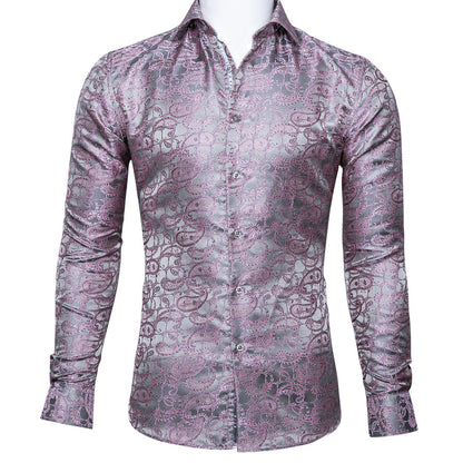 Silver Pink Paisley Silk Dress Shirt shirt S   - Sophisticated Gentlemen