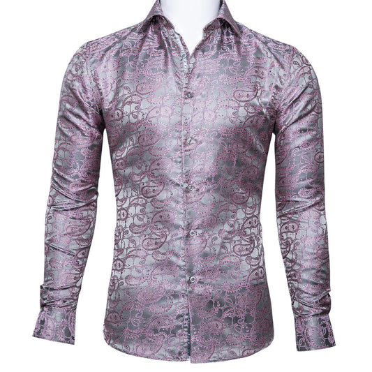 Silver Pink Paisley Silk Dress Shirt shirt S   - Sophisticated Gentlemen