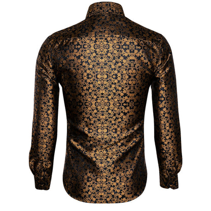Black Golden Floral Silk Dress Shirt shirt    - Sophisticated Gentlemen