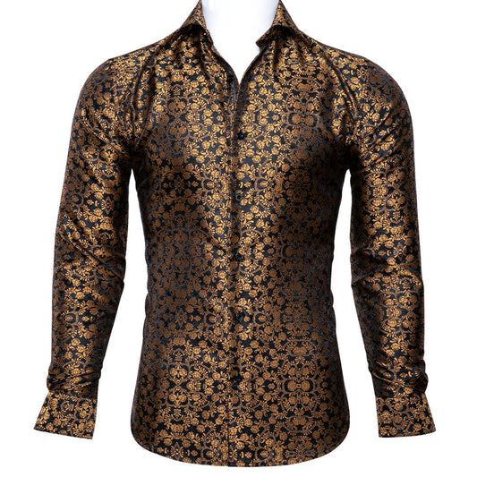 Black Golden Floral Silk Dress Shirt shirt S   - Sophisticated Gentlemen