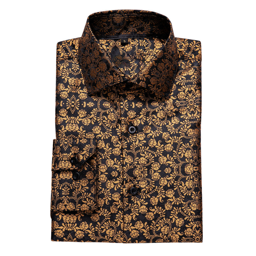 Black Golden Floral Silk Dress Shirt shirt    - Sophisticated Gentlemen
