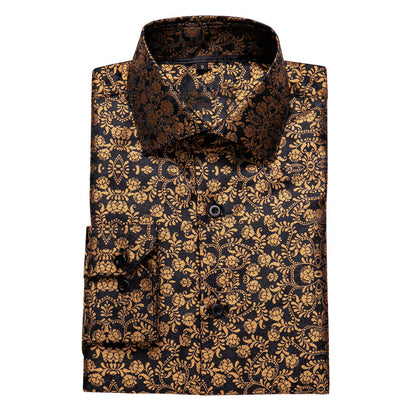 Black Golden Floral Silk Dress Shirt shirt    - Sophisticated Gentlemen