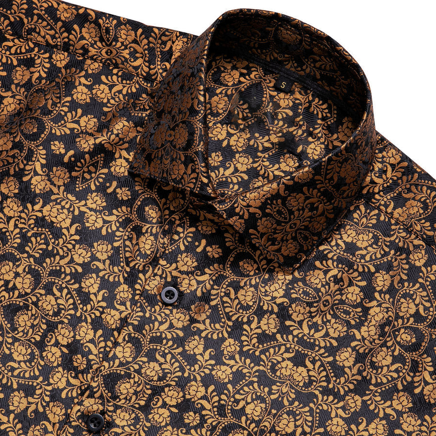 Black Golden Floral Silk Dress Shirt shirt    - Sophisticated Gentlemen