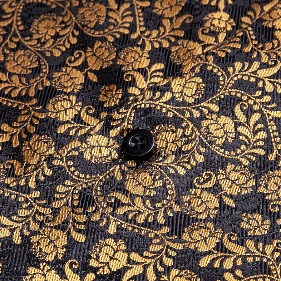 Black Golden Floral Silk Dress Shirt shirt    - Sophisticated Gentlemen