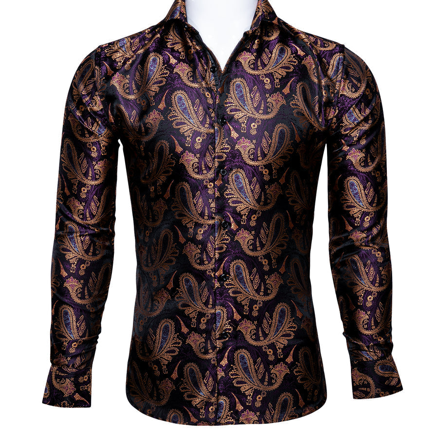 Purple Brown Paisley Silk Dress Shirt shirt S   - Sophisticated Gentlemen