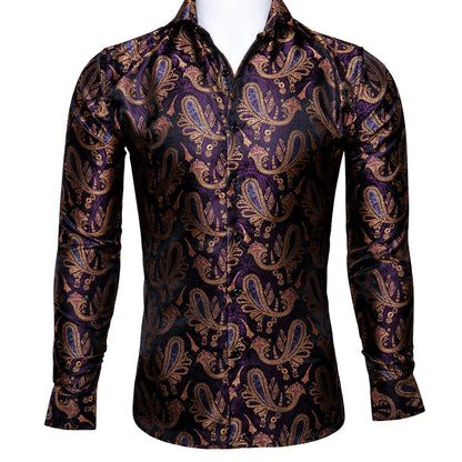 Purple Brown Paisley Silk Dress Shirt shirt S   - Sophisticated Gentlemen