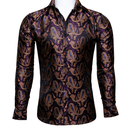 Purple Brown Paisley Silk Dress Shirt shirt S   - Sophisticated Gentlemen