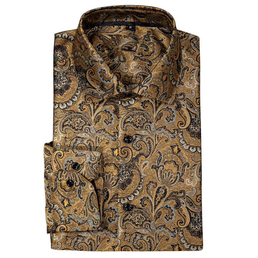 Brownish Yellow Paisley Silk Dress Shirt shirt    - Sophisticated Gentlemen