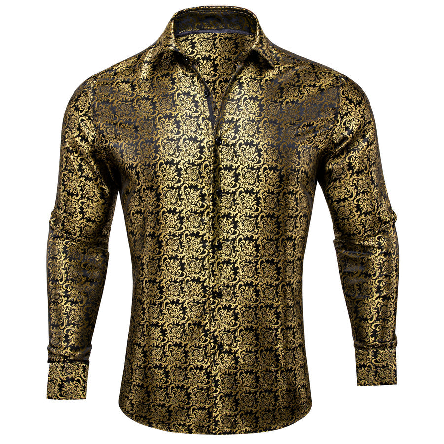 Golden Black Novelty Silk Dress Shirt shirt S   - Sophisticated Gentlemen