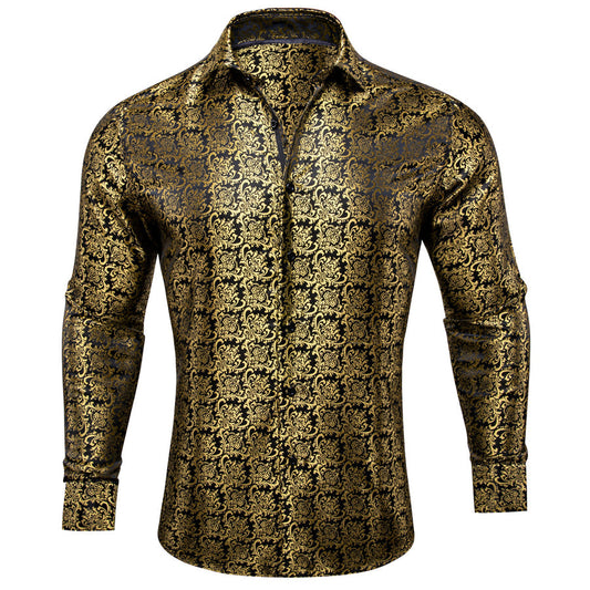 Golden Black Novelty Silk Dress Shirt shirt S   - Sophisticated Gentlemen