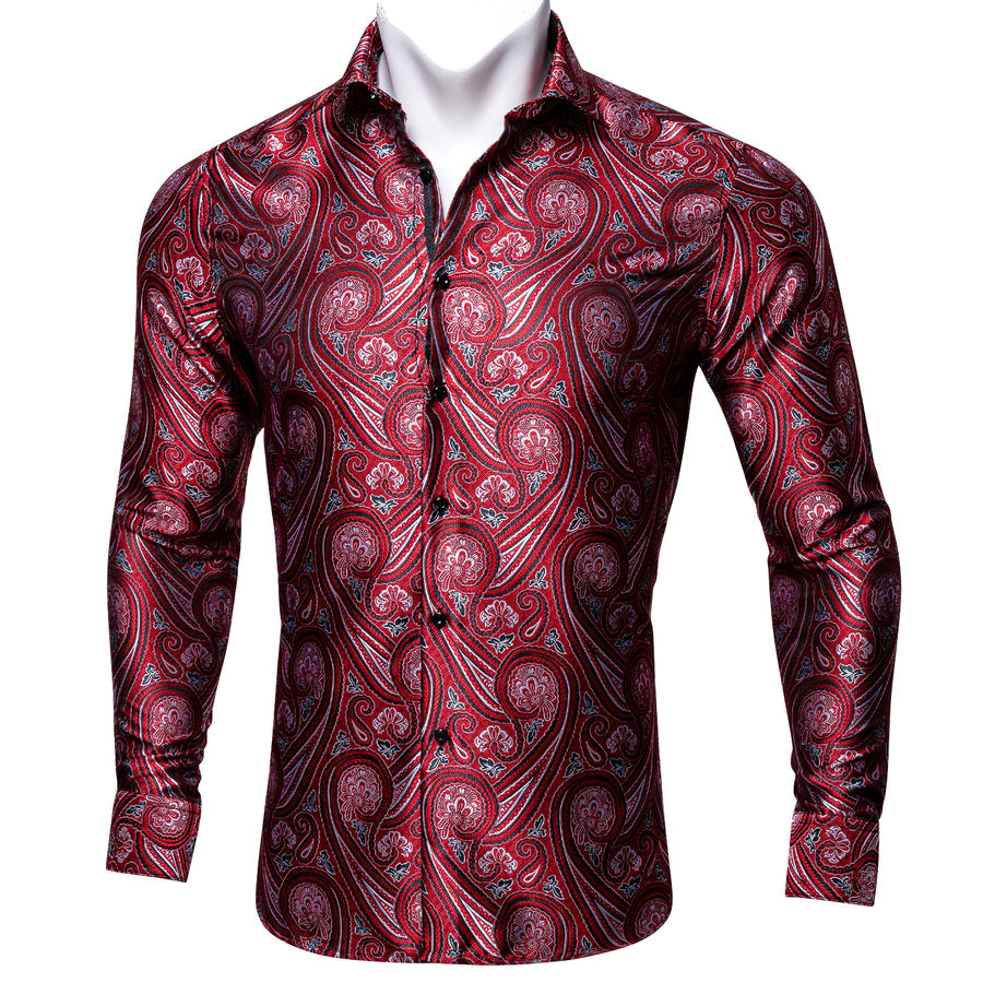 Red Paisley Silk Men's Dress Shirt shirt S   - Sophisticated Gentlemen
