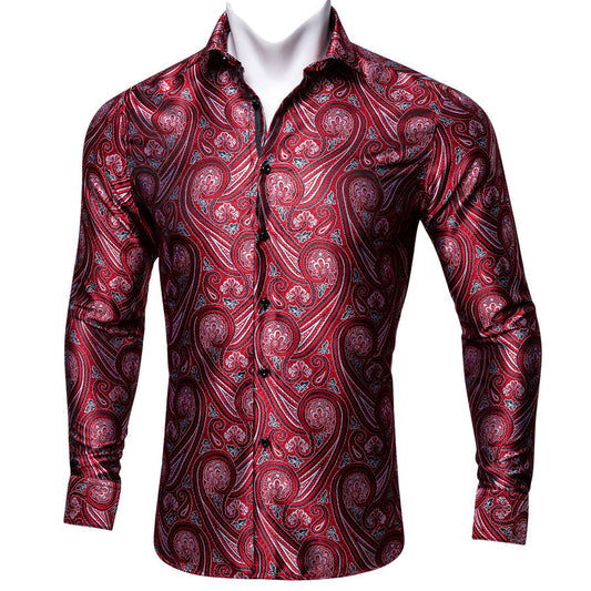 Red Paisley Silk Men's Dress Shirt shirt S   - Sophisticated Gentlemen