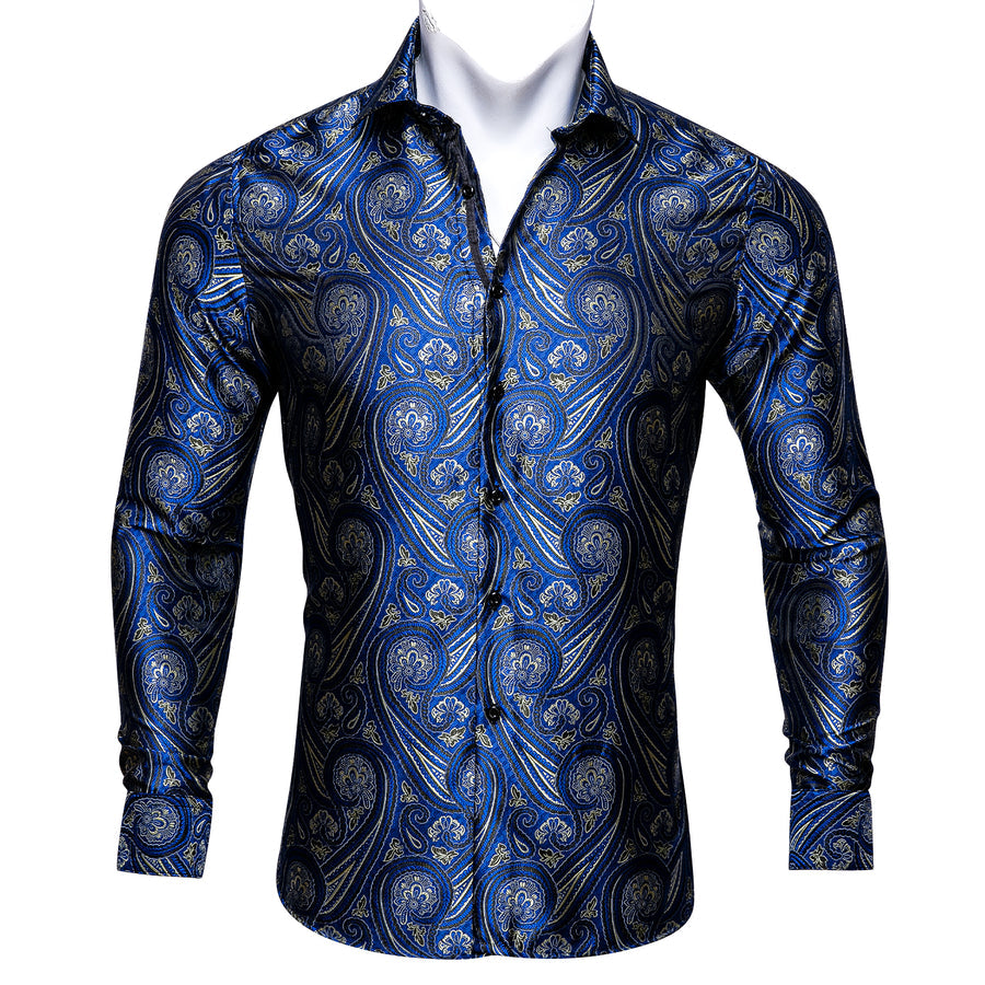 Blue Paisley Silk Men's Dress Shirt shirt S   - Sophisticated Gentlemen
