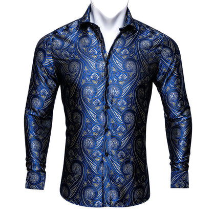 Blue Paisley Silk Men's Dress Shirt shirt S   - Sophisticated Gentlemen