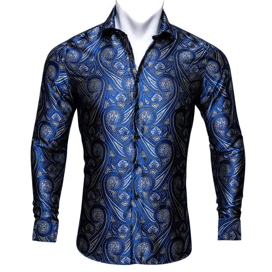 Blue Paisley Silk Men's Dress Shirt shirt S   - Sophisticated Gentlemen