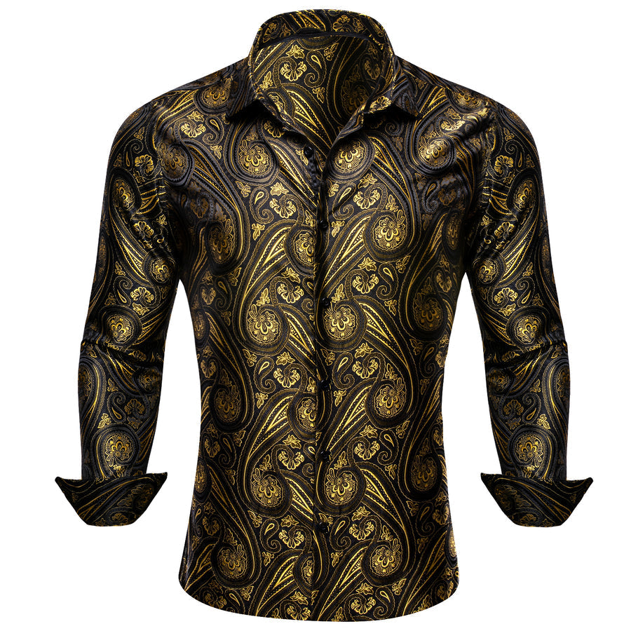 Black Yellow Paisley Silk Dress Shirt shirt S   - Sophisticated Gentlemen