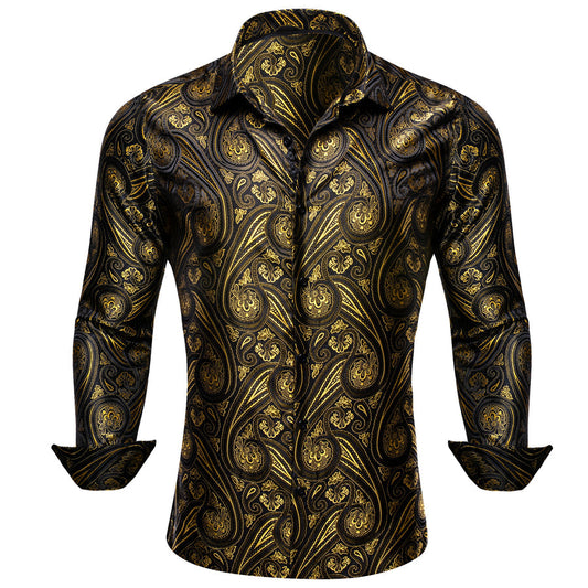 Black Yellow Paisley Silk Dress Shirt shirt S   - Sophisticated Gentlemen