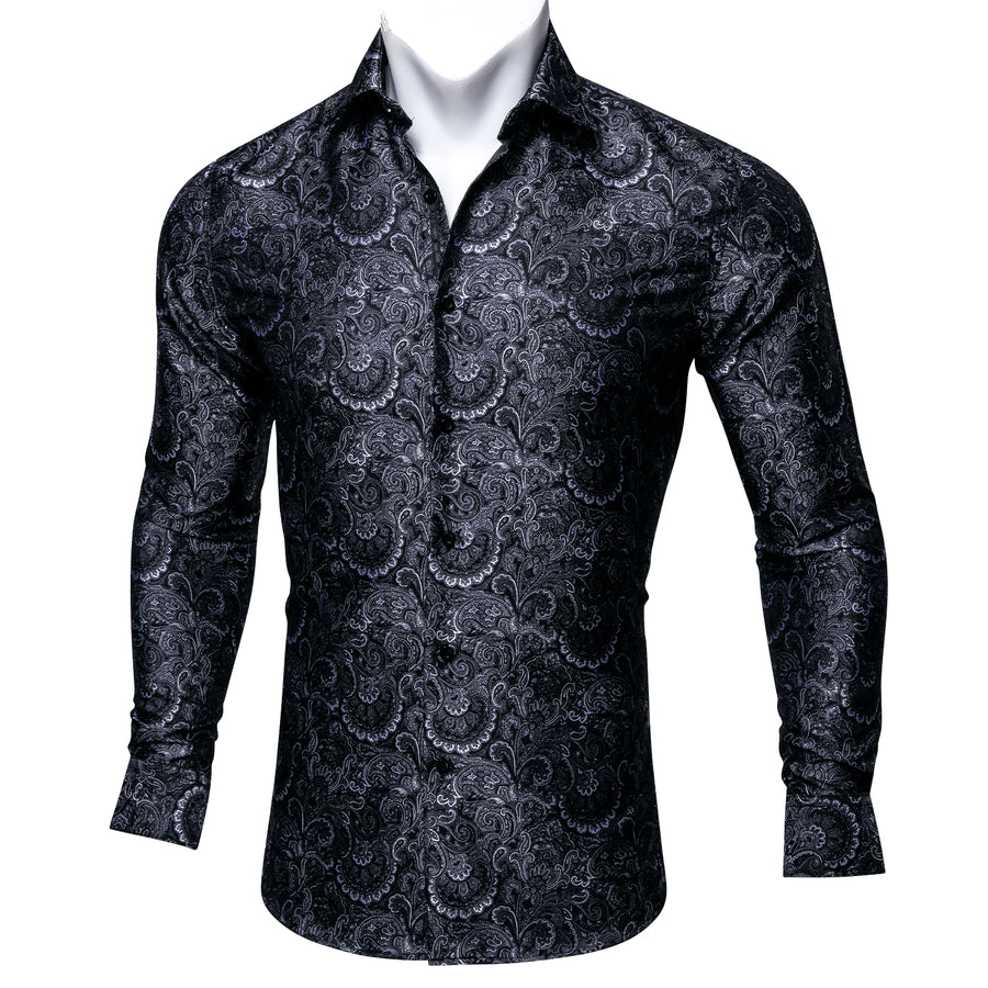 Black Floral Silk Dress Shirt shirt S   - Sophisticated Gentlemen