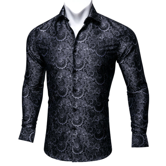 Black Floral Silk Dress Shirt shirt S   - Sophisticated Gentlemen