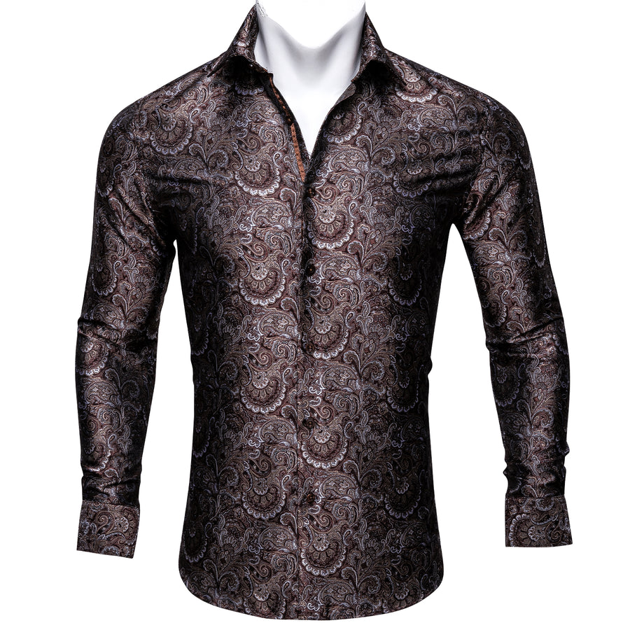 Red Brown Floral Silk Dress Shirt shirt    - Sophisticated Gentlemen