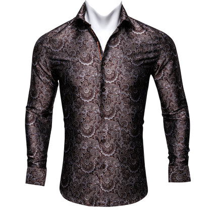 Red Brown Floral Silk Dress Shirt shirt    - Sophisticated Gentlemen