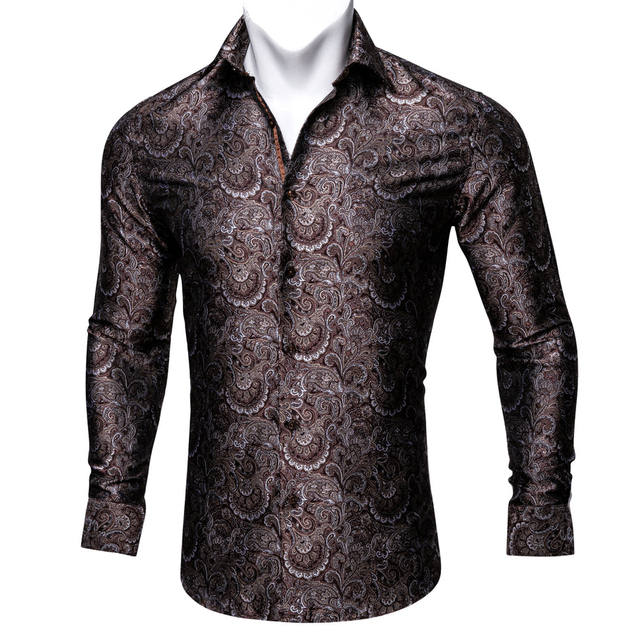 Red Brown Floral Silk Dress Shirt shirt S   - Sophisticated Gentlemen