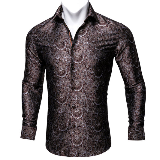 Red Brown Floral Silk Dress Shirt shirt S   - Sophisticated Gentlemen