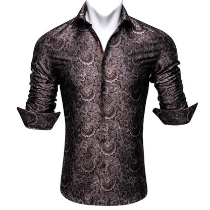 Red Brown Floral Silk Dress Shirt shirt    - Sophisticated Gentlemen