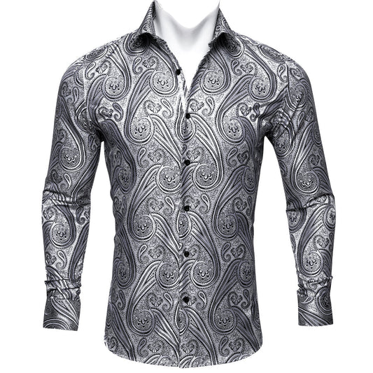 Light Gray Floral Silk Dress Shirt shirt S   - Sophisticated Gentlemen
