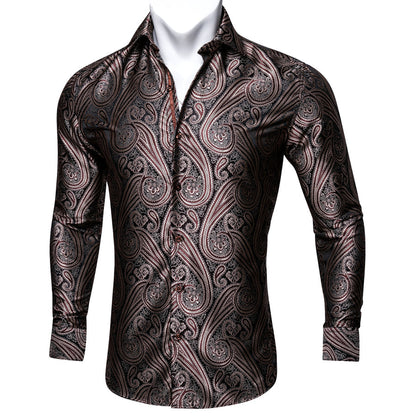 Red Brown Paisley Silk Dress Shirt shirt S   - Sophisticated Gentlemen