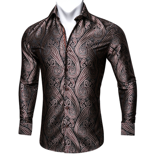 Red Brown Paisley Silk Dress Shirt shirt S   - Sophisticated Gentlemen