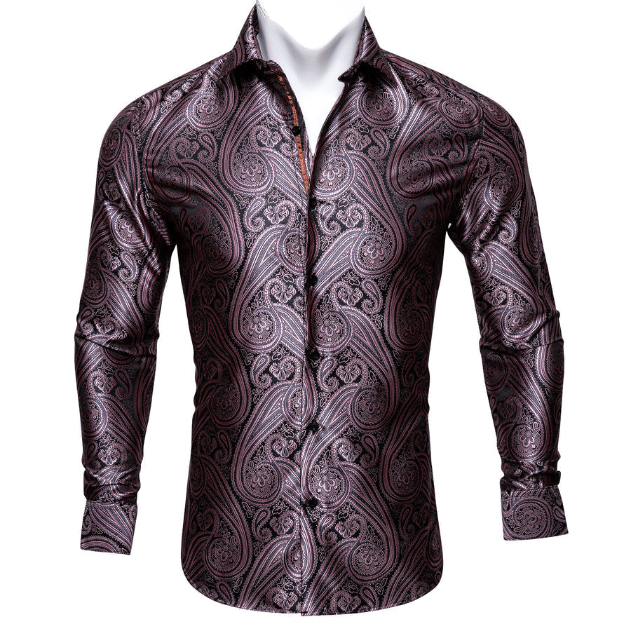 Red Brown Paisley Silk Dress Shirt shirt S   - Sophisticated Gentlemen