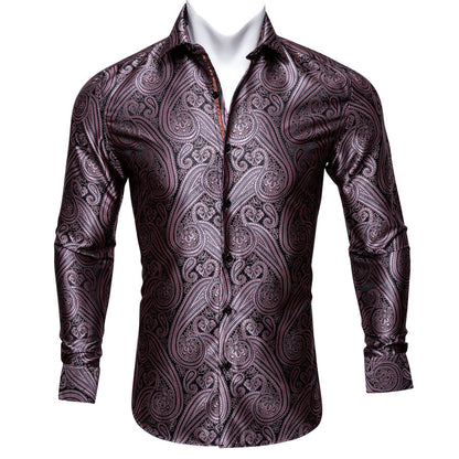 Red Brown Paisley Silk Dress Shirt shirt S   - Sophisticated Gentlemen