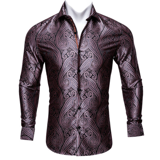 Red Brown Paisley Silk Dress Shirt shirt S   - Sophisticated Gentlemen
