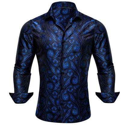 Dark Blue Paisley Silk Dress Shirt shirt S   - Sophisticated Gentlemen